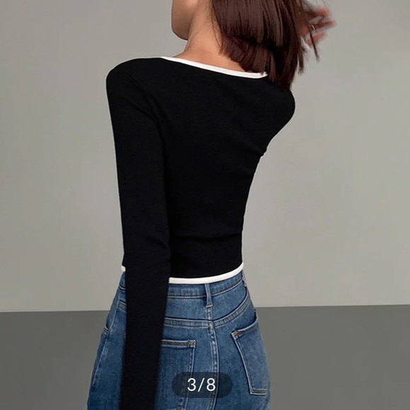 Square Neck Contrast Trim Long Sleeve Knit Shirt - Picture 2 of 5